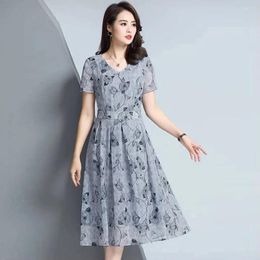 Party Dresses Elegance Flower Print Chiffon Dress Fashion V Neck Short Sleeve Slim Fit Calf-Length A-Line Long Ruffle Vintage Vestidos