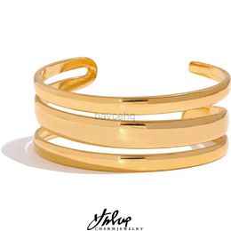 Bangle Yhpup Stainless Steel Statement Gold Color Cuff Bracelet Bangle Metal Texture Multi-Layer Temperament Fashion Waterproof Jewelry 240411