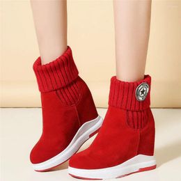 Fitness Shoes High Top Trainers Women Cow Leather Wedges Heel Vulcanized Female Knitting Round Toe Fashion Sneakers Casual