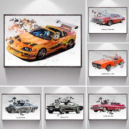 Iconic Movie Cars Watercolour Poster Canvas Painting Supercar Cool Car Aesthetic Wall Art Picture For Living Room Boys Home Decor