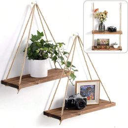 Decorative Plates 1PC Wooden Swing Hanging Rope Wall Shelve Mounted Floating Home Living Room Plant Flower Pot Tray Storage Garden