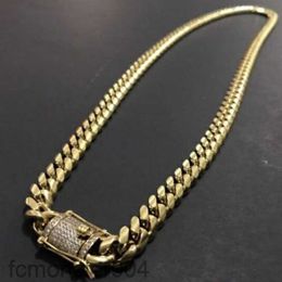 Mens 18k Gold Tone Stainless Steel Cuban Link Chain Necklace Curb with Diamonds Clasp Lock 8mm/10mm/12mm/14mm/16mm/18m 1OUY