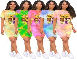 Women Sportwear Two Piece Pants Designer Tracksuits Summer Shorts Set Tie Dye Tshirt Cartoon Printed Casual Outfits4530512