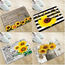 Bath Mats Yellow Sunflower Flower Butterfly Mat Retro Wood Plank Non-Slip Washable Indoor Household Bathroom Kitchen Carpet Door