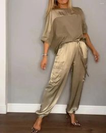 Women's Two Piece Pants Round Neck Long Sleeved Top And Casual Loose Set Solid Satin Summer Fashion 2024
