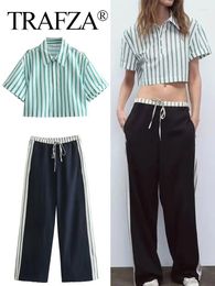 Women's Two Piece Pants TRAFZA Spring Women Striped Blouse Pant Suit Short Sleeve Button Slim Cropped Shirts Patchwork Side Stripes Trousers