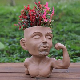 Face Flower Pot Drainage Hole Muscle Men Resin Funny Indoor Outdoor Vegetable Herb Succulent Planter Pot Gardening Supplies