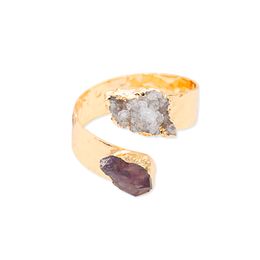 Irregular Raw Crystal Quartz Open Ring for Women Girls Gold-color Boho Amethyst Finger Jewellery Resizable