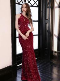 Casual Dresses 2024 Women's Burgundy Sexy One Shoulder Mermaid Maxi Dress Sequin Halter Evening Gown Sleeveless Luxury Cocktail Party