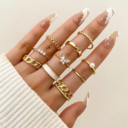 Wedding Rings Korean Fashion Set For Women Lady Trendy Gold Colour Metal Pearl Butterfly Finger Jewellery