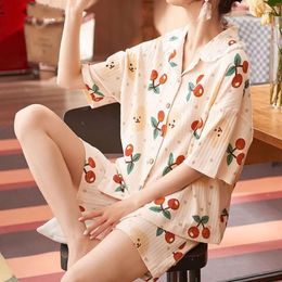 Women's Sleepwear Women Pama Sets Ruffles Printed Kawaii Soft Cotton Sweet Japanese Fashion Students Cardigan Shorts Woman Pijama Set