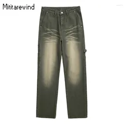 Men's Jeans 2024 Men Spring High Street Vintage Y2k Causal Wash Distressed Baggy Green Trend Straight Denim Pant