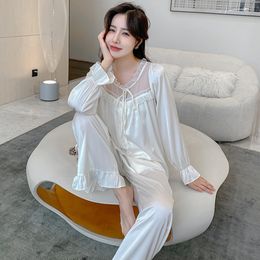 Summer Sexy Lace Patchwork Satin Sleepwear Pyjamas For Women Ruffles Long Sleeves Pants Suits