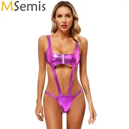 Women's Swimwear Womens Metallic Shiny One Piece Swimsuit Sleeveless Front Zip Pad-Free Briefs Cutout Bodysuit Jumpsuit Beach Costume