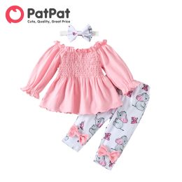 Trousers PatPat Newborn Baby Girl Clothes Babies Items 95% Cotton Frill Off Shoulder Longsleeve Top Elephant Pants with Headband Set