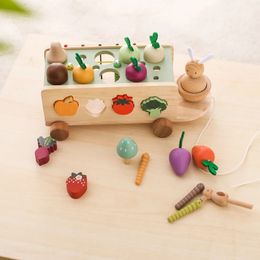 Wooden Turnip Car Stretch Rope Handpulled Baby Carrot Pulling Toy Shape Matching Parentchild Education Montessori Toys 240407