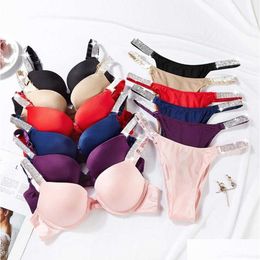 Bras Y Letter Rhinestone Underwear Comfort Brief Push Up Bra And Panty 2 Piece Sets For Women Lingerie Bikini Set Motion Design 678Ess Ot5Mb