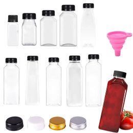 10pcs 60-500ML Empty Clear Plastic Bottles with Caps Reusable Water Bottle Juicing Smoothie Smoothie Containers W/Folding Funnel