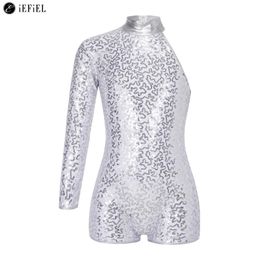 Kids Girls Glitter Sequins One Shoulder Mock Neck Hip Hop Latin Jazz Dance Bodysuit Jumpsuit Unitard Modern Dancewear Costume