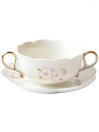 Cups Saucers Coffee With Spoon Dish Romantic Cherry Blossom Embossed Ceramic Milk Cup Bowl For Wedding Binaural Soup Dessert Bird's