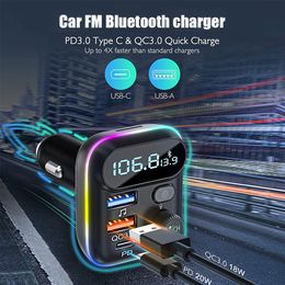 FM Transmitter Car Kit Audio Mp3 Player Bluetooth 5.0 Type-C PD + QC3.0 USB Fast Charging Charger FM Modulator Colourful lights