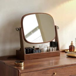 Elegant Solid Wood Desktop Makeup Mirror Black Walnut Dresser with Jewellery Box Modern Bedroom Vanity Accessory