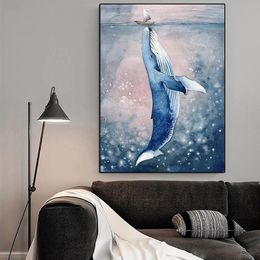 Large Whale With Small Boat Canvas Painting Posters And Printed Four Wall Art Pictures For The Living Room Wall Decoration