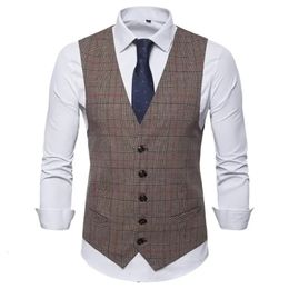 Spring and Autumn Mens Single Breasted V-neck Suit Plaid Slim Fit Vest Man Tank Top 240408