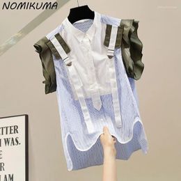 Women's Blouses Nomikuma Korean Ruffle Contrasting Color Patchwork Front Short And Back Long Sleeveless Striped Shirt Fashion Elegant Top