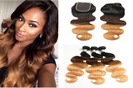 3 Tone 1B427 Body Wave Ombre Bundles with Lace Closure Dark Roots Brown Honey Blonde Ombre Peruvian Hair Weaves with Closure9227847