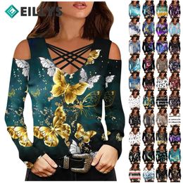 Women's T Shirts Sexy Off Shoulder Fashion Ladies Hollow Out Tops Women Butterfly Printed Long Sleeve Tshirts Female Pullovers Tee Shrits