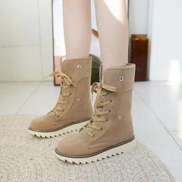 Boots Mid-Calf Winter Corduroy Modern For Women Fashion Solid Lace-up Ladies Shoes Round Toe Short Plush Botas De Mujer