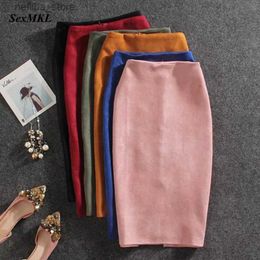 Sexy Skirt Winter y Bodycon Suede Skirts 2023 Fashion Knee Length High Waist Office Skirt Korean Women Clothes Elegant Slim Pencil Skirt L410