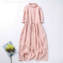 Basic Casual Dresses 2024 New Thin Soft Cotton Linen Unique Pink Retro Spring/Summer Dress Embroidered Fashion Womens Casual Midi Dress C240411