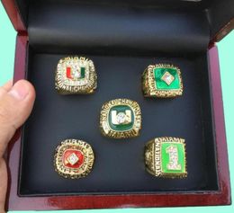 5 Pcs 1983 1987 1989 1991 2001 Miami Hurricanes National ship Ring Set With Wooden Display Box Case Fan Gift 2019 Drop Shipping5938585