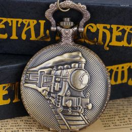 Pocket Watches Engraved Train Front Design Necklace Pendant Quartz Watch With FOB Chain Mens Womens Gifts