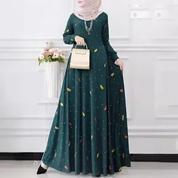 Ethnic Clothing 2024 Muslim Women's Fashion Casual Dress With Leaf Dot Print Spring And Autumn Long Sleeved Bohemian Flare