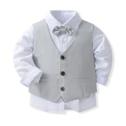 Fomal Gentleman Boy Tuxedo Bow Tie Shirt Suit Vest Pants 4 Pcs Chic Toddler Baby Clothes Gentleman Outfit for Baptism Birthday