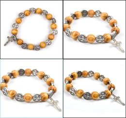 Bangle Bangle Komi Natural Solid Wood Elastic Wire Alloy Saint Religious Rosary Bracelet Men Women Catholic Jesus Christ Jewellery P4945297