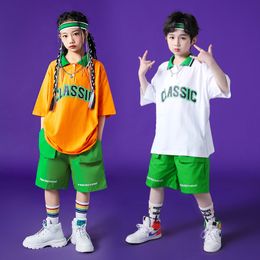 New Kids Hip Hop Clothing Orange T Shirt Short Sleeve Tops Streetwear Green Shorts for Girl Boy Jazz Dance Costume Rave Clothes