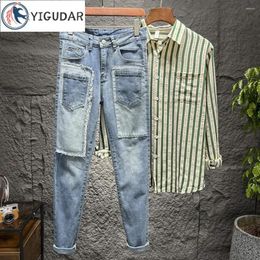 Men's Jeans Fashion Korean Version Colour Contrast Stitching Men High Street Stretch Slim-fit Skinny Pants Motorcycle Splice Y2k