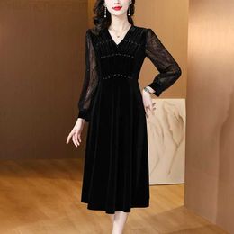 Basic Casual Dresses Autumn/Winter Korean Retro Prom Dress 2024 Black Velvet Patch Work Net Long Dress New Party Dress C240411