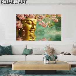 Pink Flower Golden Buddha -staty i vatten på duk, moderna tryck Buddhas landskapsaffischmålning, väggkonst bildrumsdekor