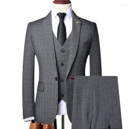 Men's Suits Lansboter Grey Men Suit Groom Wedding 3Piece Retro Gentleman Classic Fashion Plaid Formal Business Slim Coat Vest With Pants