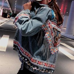 Heavy Work Embroidery Chain Tassels Denim Jacket Women Cowboy Outerwear Vintage Blue Loose Short Big Pocket Jeans Jacket Female