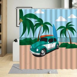 Shower Curtains Summer Day Sandy Beach Coconut Tree Curtain Big Sea Landscape Bathroom Home Decorative Cloth With Hook Washable Fabric