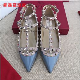 Mouth Vvalen Sole Colour Pointed New Designer Heels Heel Rivet Stud Flat Shoes Single Pump Lacing Spring Shallow v Family Womens Summer FXSX