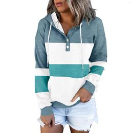 Women's Hoodies Womens Colour Block Tops Long Sleeve Casual Drawstring Button Down Pullover Zip Up Hooded Sweatshirt Women Hoodie