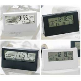 LCD Electric Desk Alarm Clock White Calendar Digital Temperature Humidity Modern Home Office Transparent Watch Battery Operated