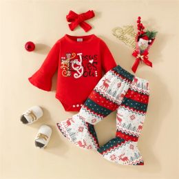 Trousers BeQeuewll Infant Baby Girl Christmas Romper Outfits Long Sleeve Jumpsuit And Elk Print Flare Pants And Bow Headband